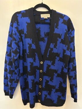 Michelle Stuart Vintage Studio Blue & Black Graphic Knit Cardigan Sweater